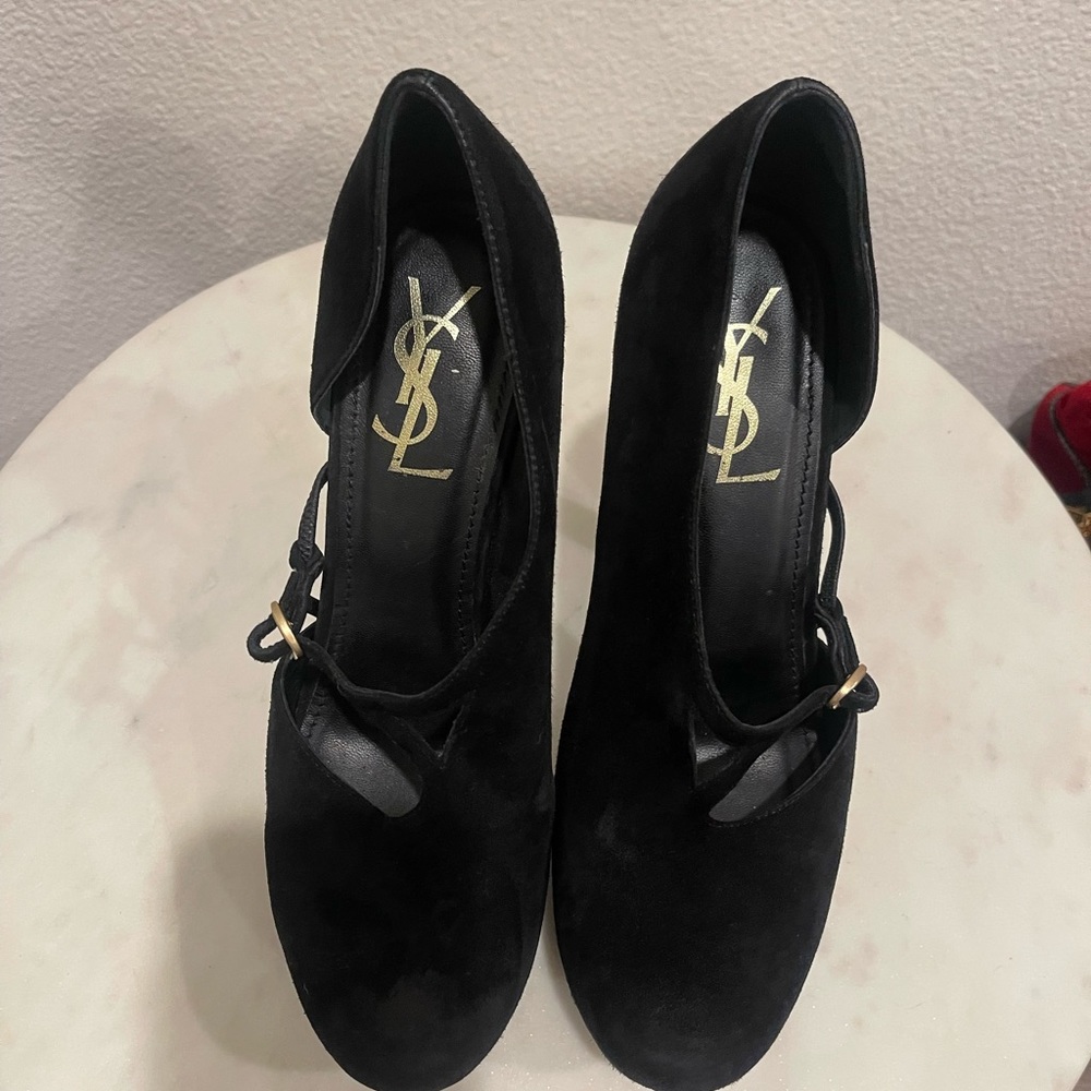 YSL Saint Laurent Black Suede Buckle Cut-Out Maryjane Platform Pumps - Picture 3 of 12